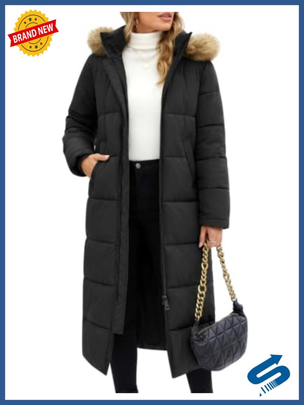 Long Puffer Coat Women Winter Faux Fur Hood Quilted Jacket Outerwear